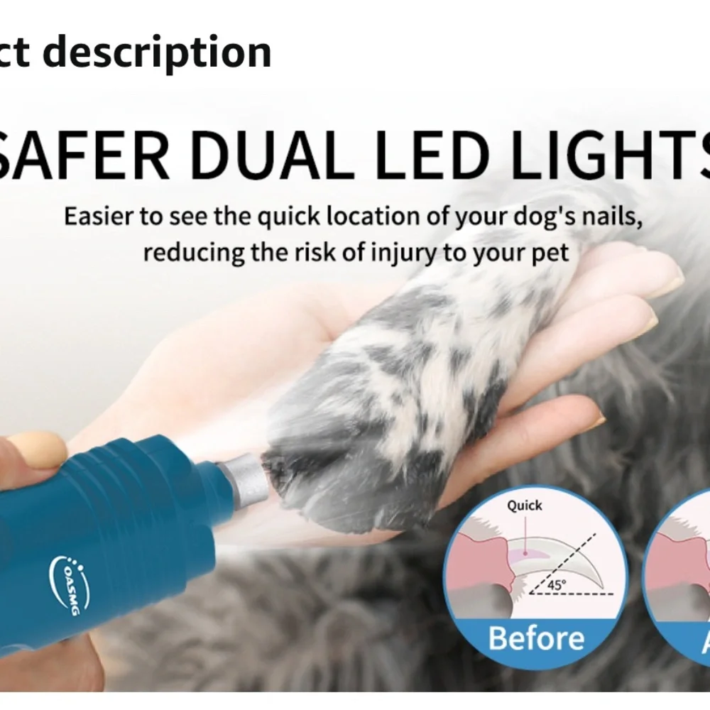 Professional 3-Speed Dog Nail Trimmers - Rechargeable with LED Lights (Blue)
